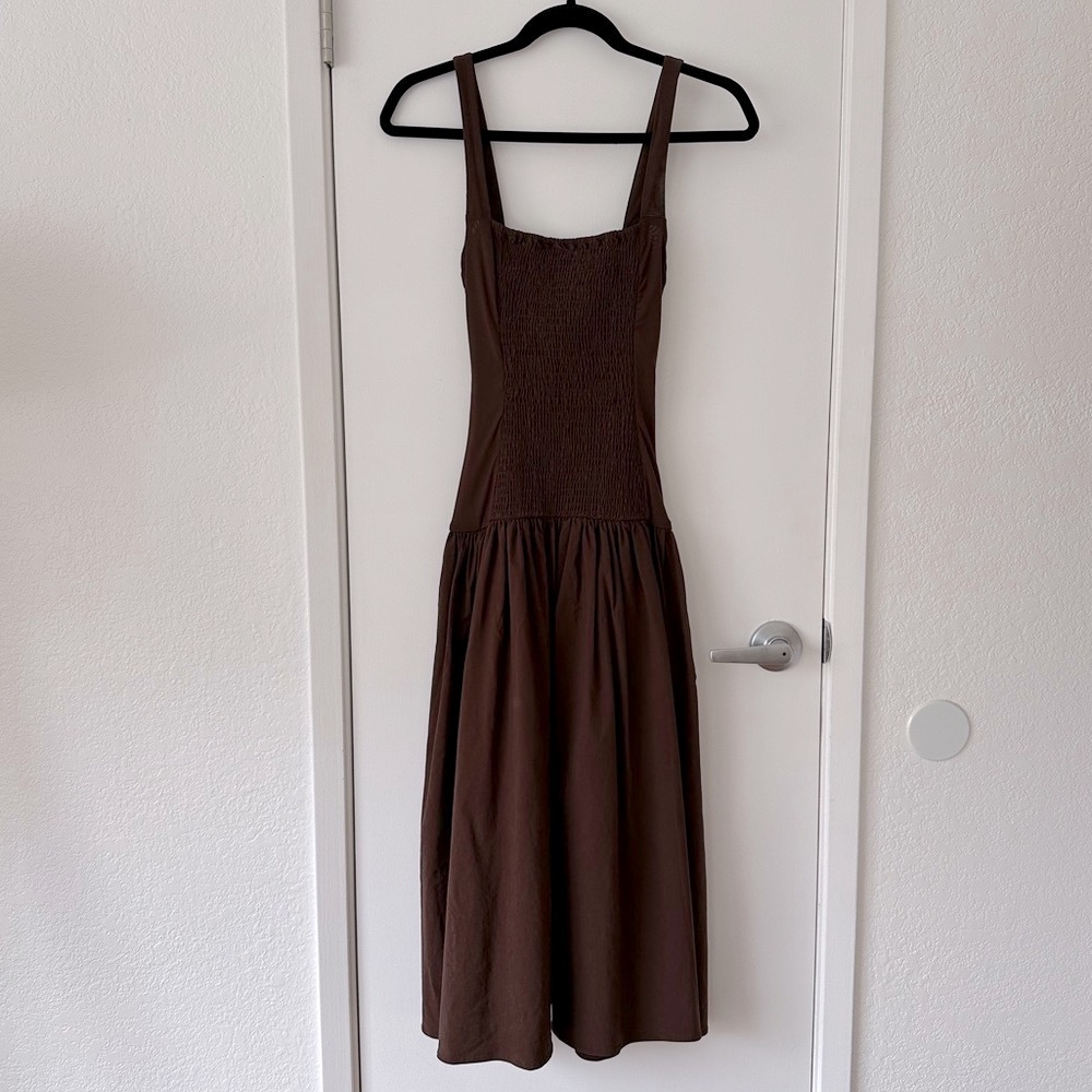 WeWoreWhat Smocked Drop Waist Midi Dress in Muted Eggplant - Picture 4 of 7